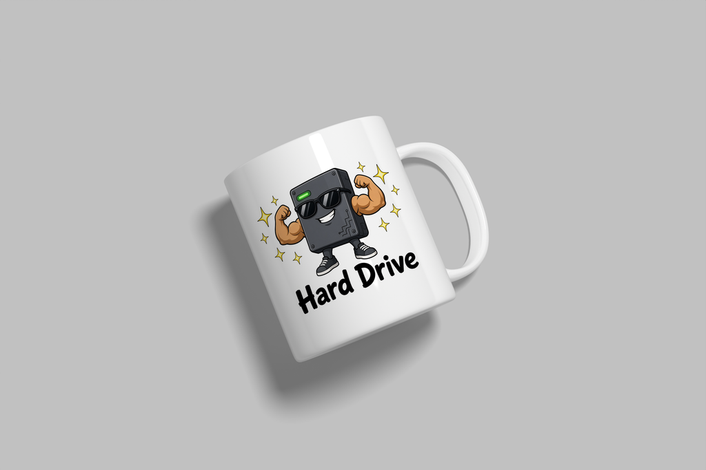 Hard Drive funny mug, white 11oz ceramic novelty gift, angled side view