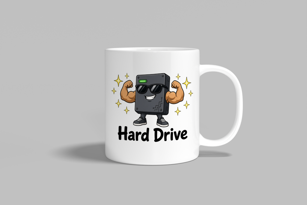 Hard Drive funny mug, white 11oz ceramic novelty gift, front view