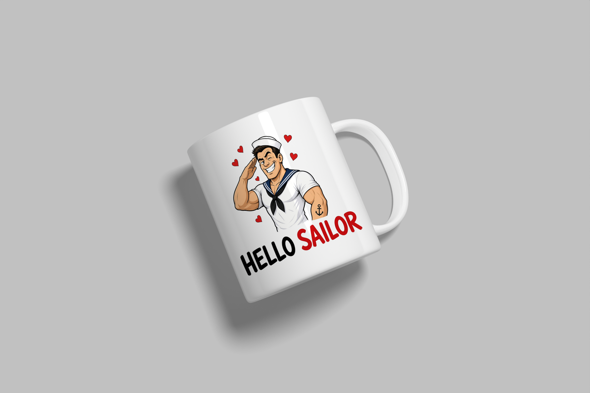 Hello Sailor funny mug, white 11oz ceramic novelty gift, angled side view