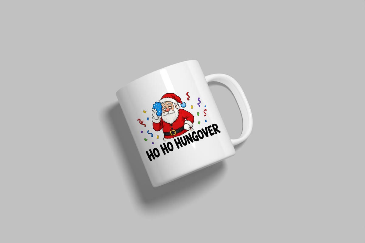 Ho Ho Hungover funny mug, white 11oz ceramic novelty gift, angled side view