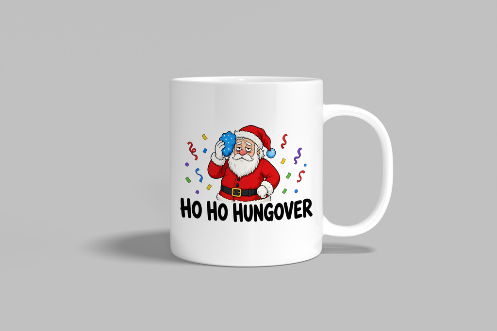 Ho Ho Hungover funny mug, white 11oz ceramic novelty gift, front view