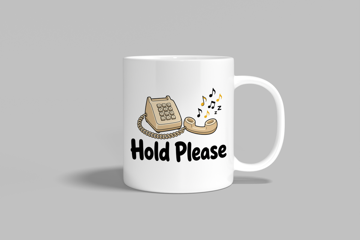 Hold Please funny mug, white 11oz ceramic novelty gift, front view