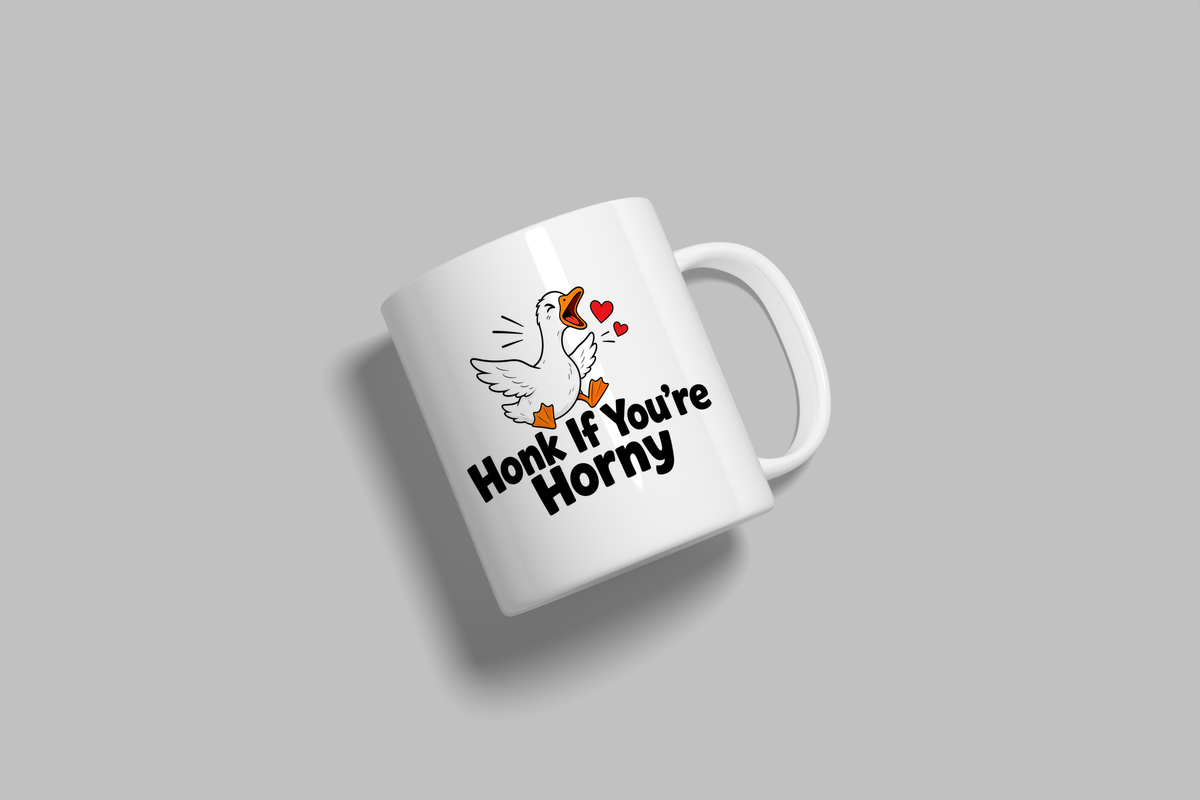 Honk If You're Horny funny mug, white 11oz ceramic novelty gift, angled side view