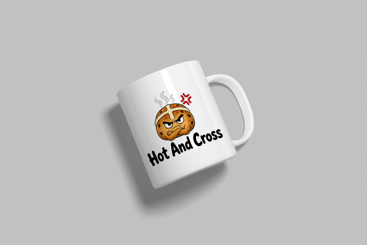 Hot And Cross funny mug, white 11oz ceramic novelty gift, angled side view