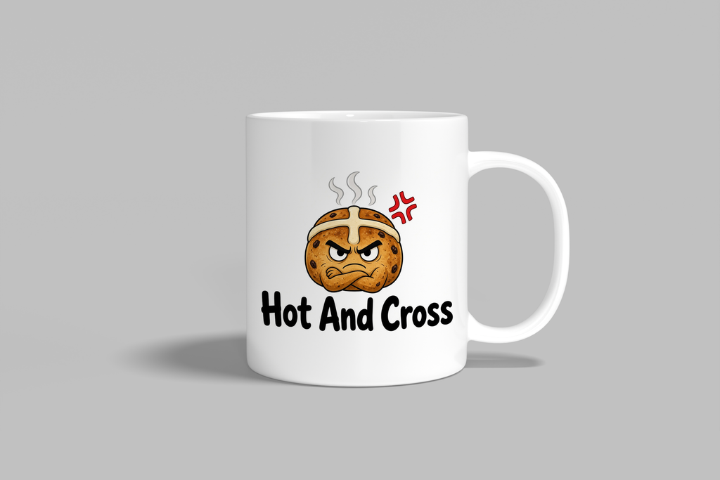 Hot And Cross funny mug, white 11oz ceramic novelty gift, front view