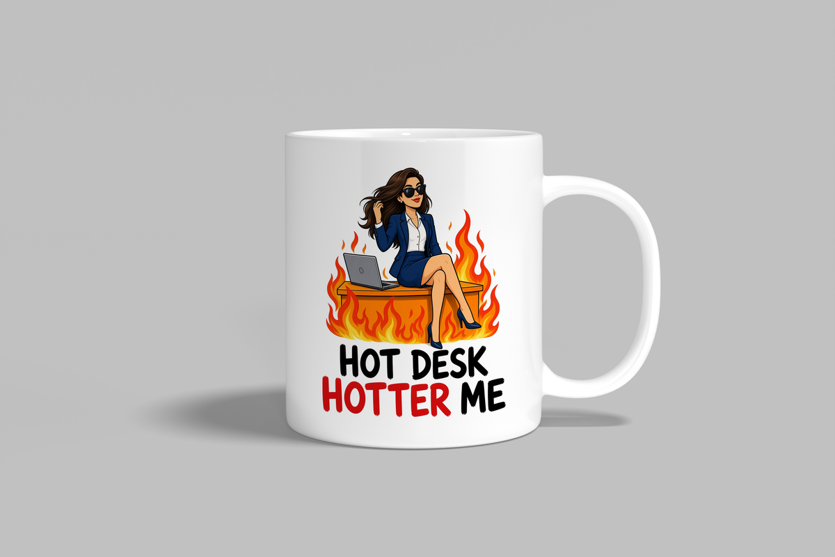 Hot Desk, Hotter Me funny mug, white 11oz ceramic novelty gift, front view