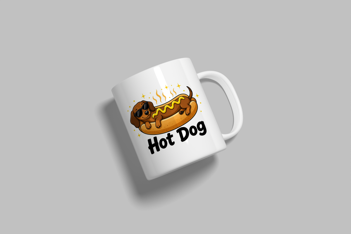 Hot Dog funny mug, white 11oz ceramic novelty gift, angled side view