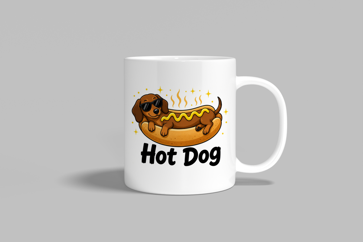 Hot Dog funny mug, white 11oz ceramic novelty gift, front view