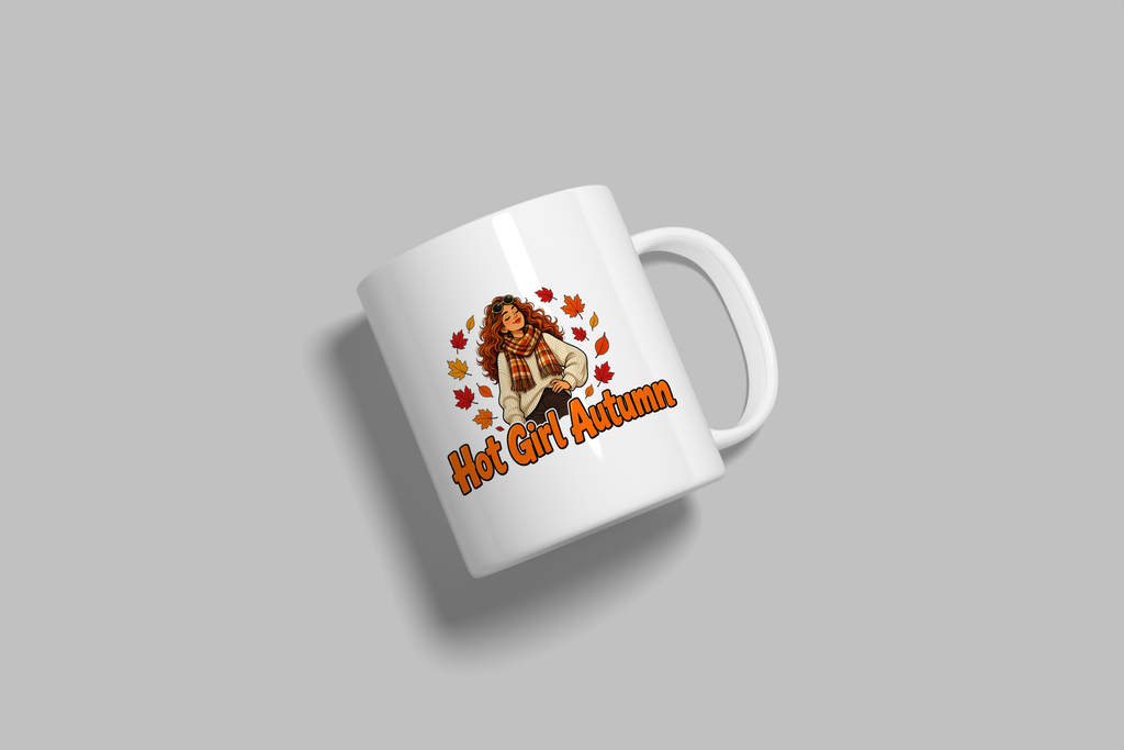 Hot Girl Autumn funny mug, white 11oz ceramic novelty gift, angled side view