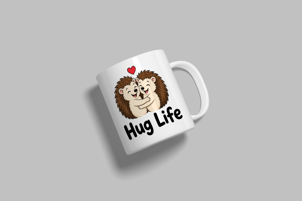 Hug Life funny mug, white 11oz ceramic novelty gift, angled side view