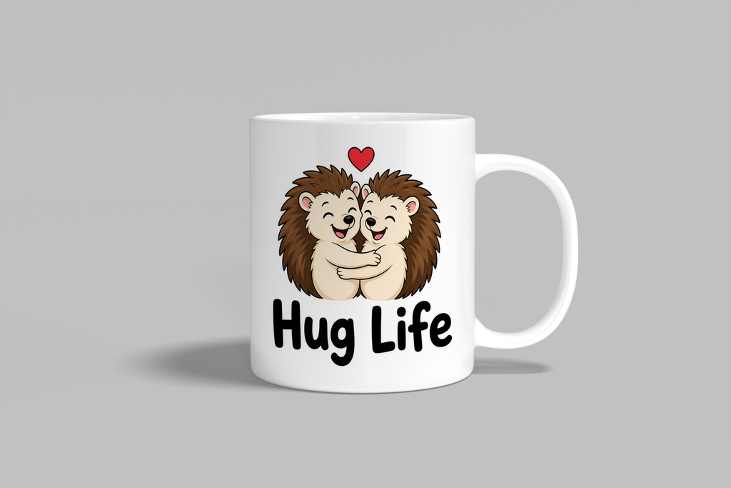 Hug Life funny mug, white 11oz ceramic novelty gift, front view