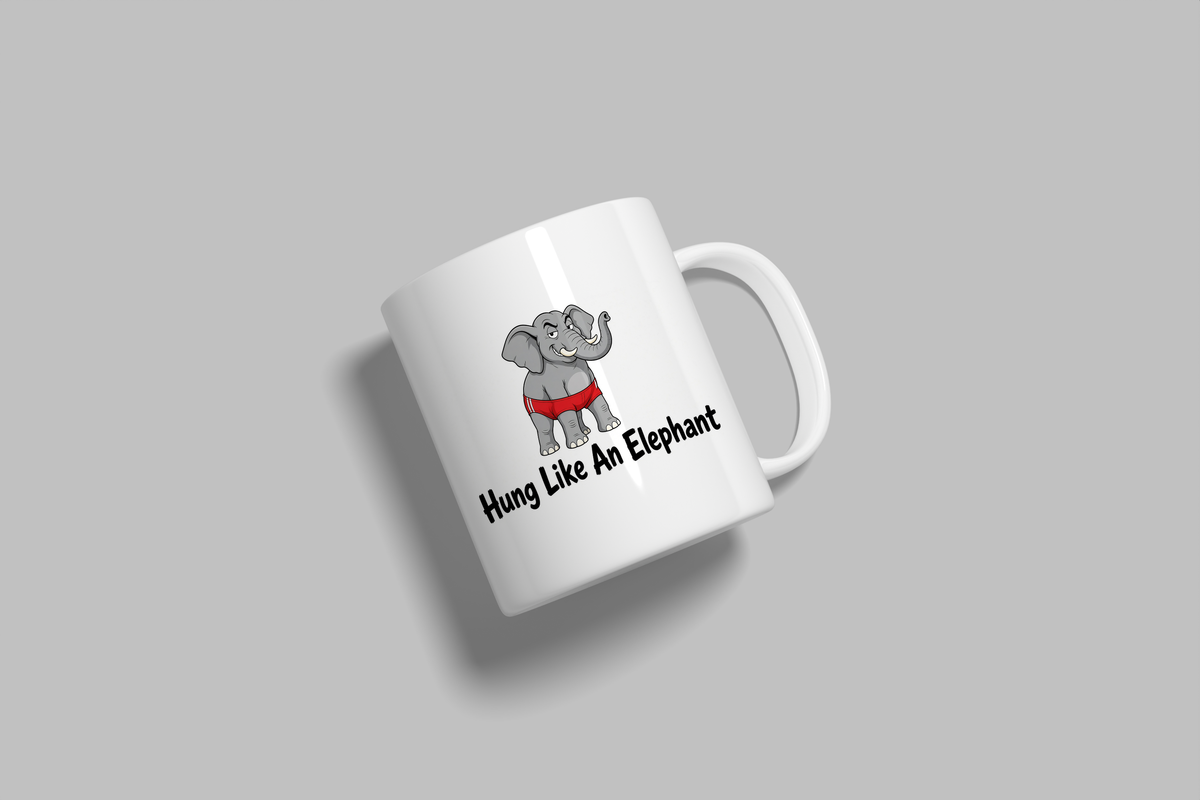 Hung Like An Elephant funny mug, white 11oz ceramic novelty gift, angled side view