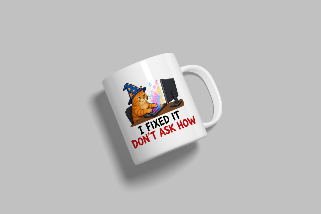 I Fixed It, Don't Ask How funny mug, white 11oz ceramic novelty gift, angled side view