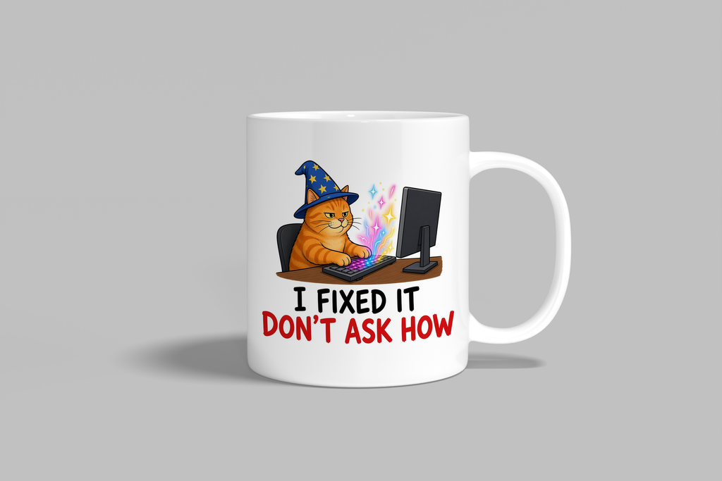 I Fixed It, Don't Ask How funny mug, white 11oz ceramic novelty gift, front view