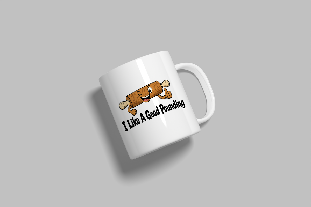 I Like A Good Pounding funny mug, white 11oz ceramic novelty gift, angled side view