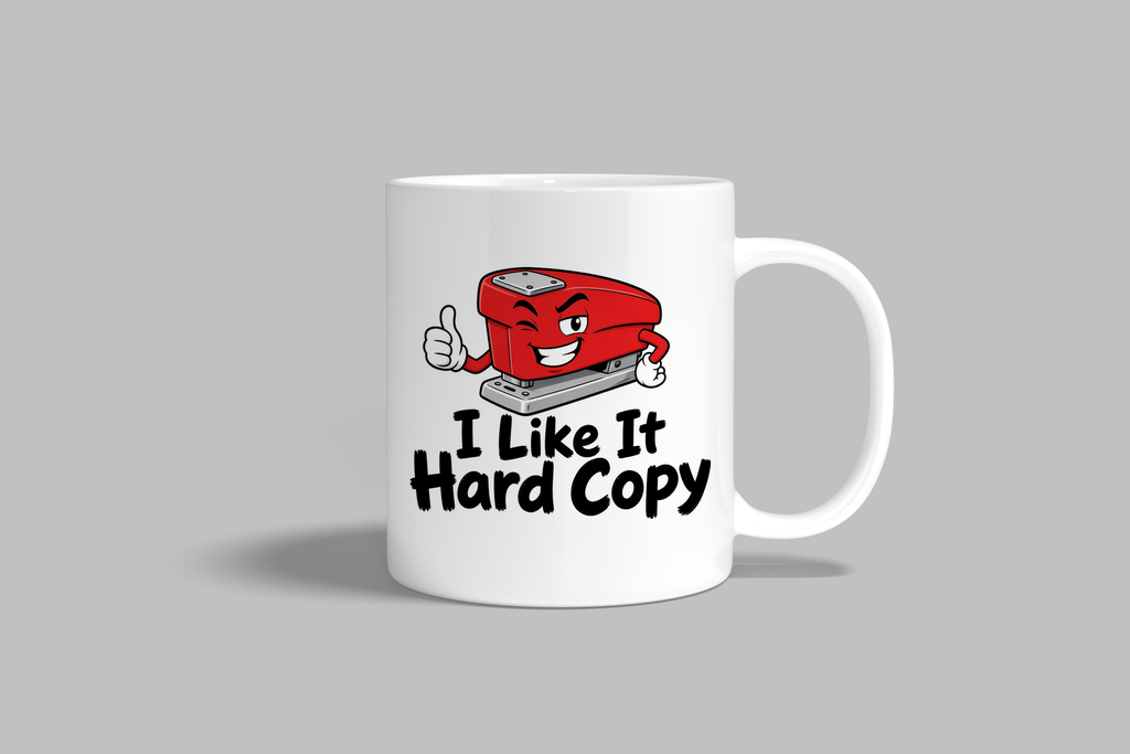 I Like It Hard Copy funny mug, white 11oz ceramic novelty gift, front view