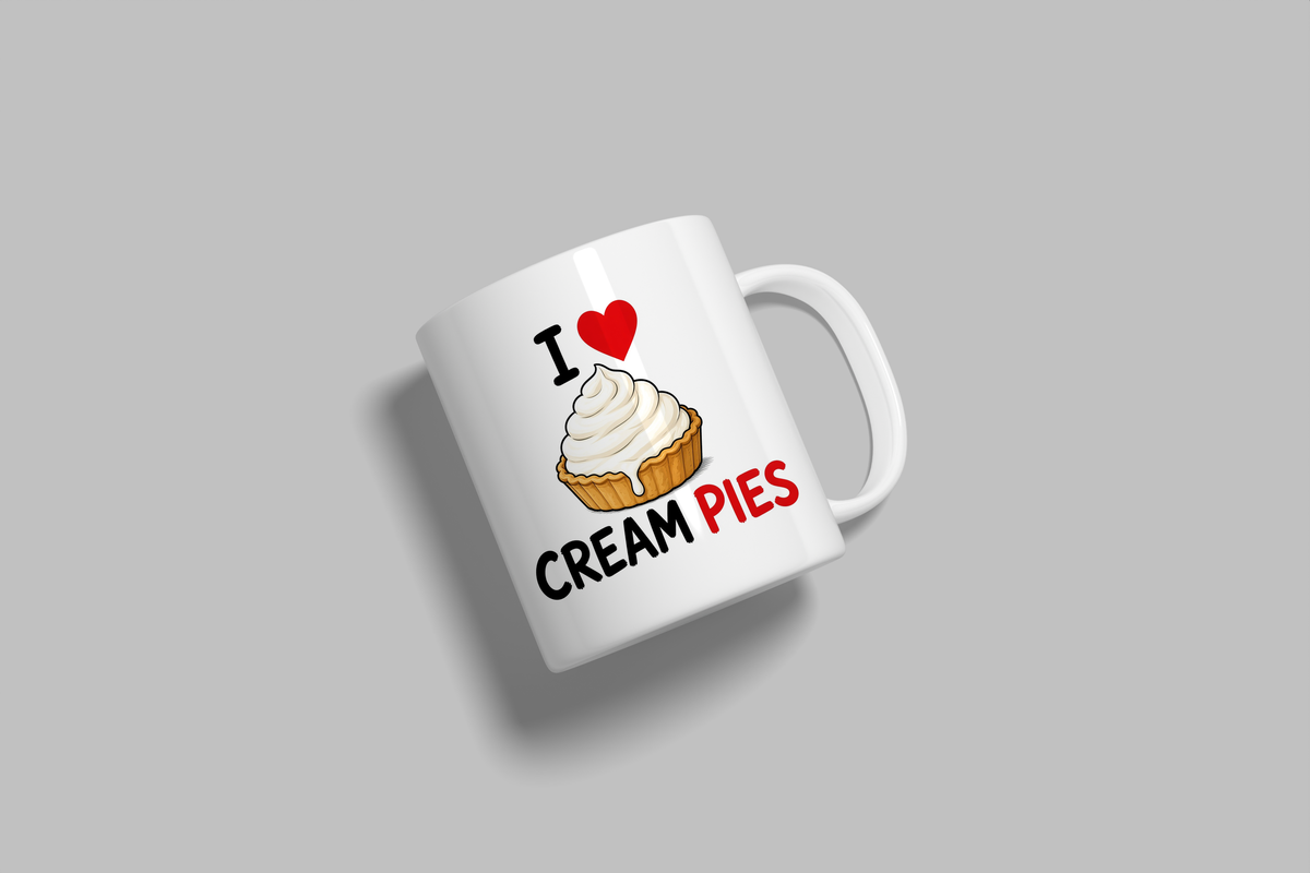 I Love Cream Pies funny mug, white 11oz ceramic novelty gift, angled side view