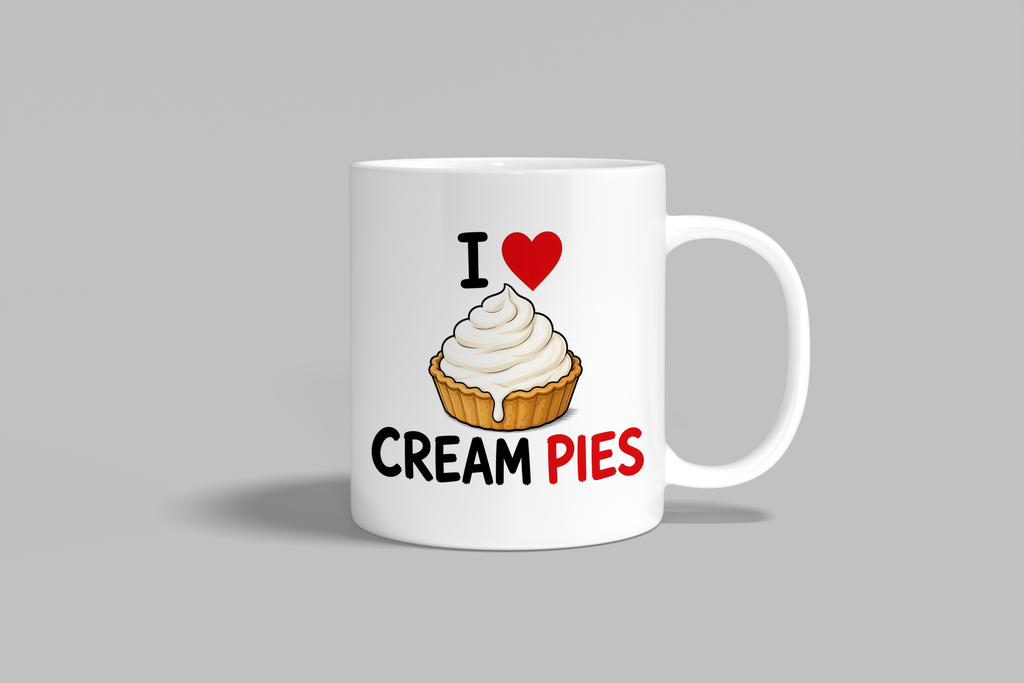 I Love Cream Pies funny mug, white 11oz ceramic novelty gift, front view