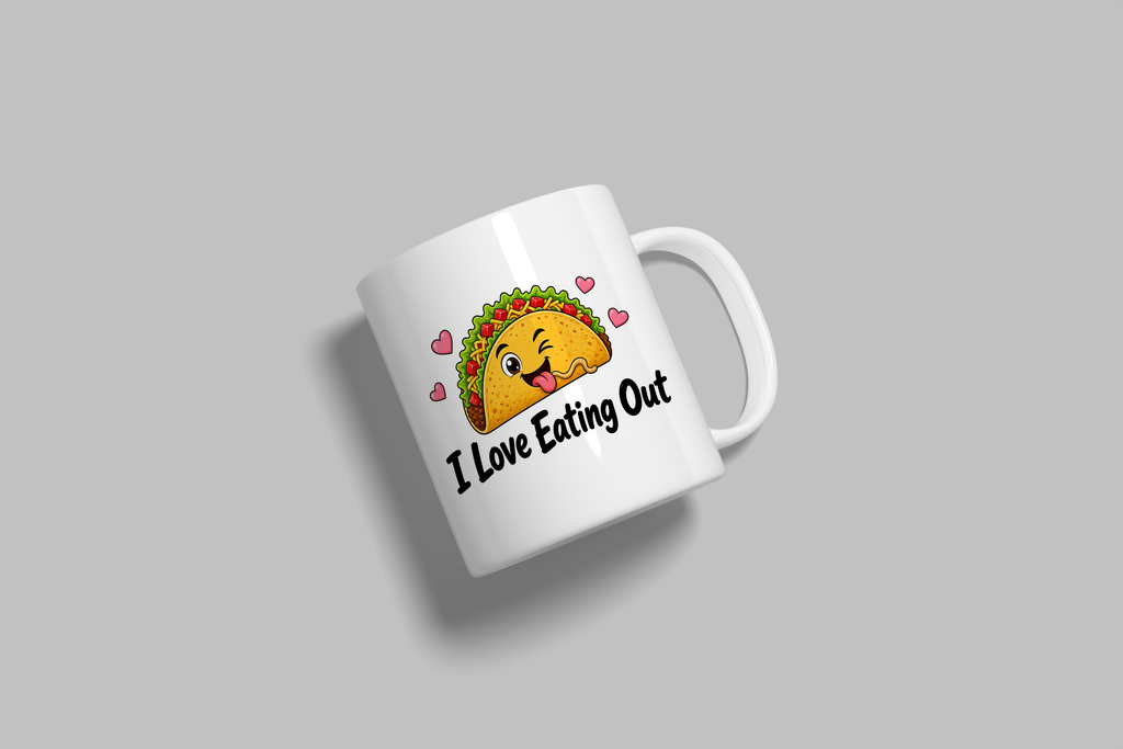 I Love Eating Out funny mug, white 11oz ceramic novelty gift, angled side view