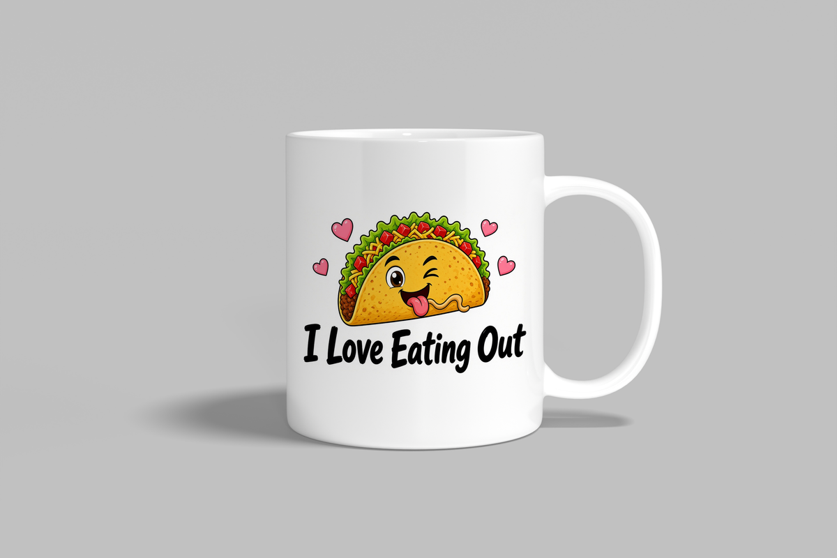 I Love Eating Out funny mug, white 11oz ceramic novelty gift, front view