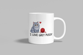 I Love Grey Pussy funny mug, white 11oz ceramic novelty gift, front view