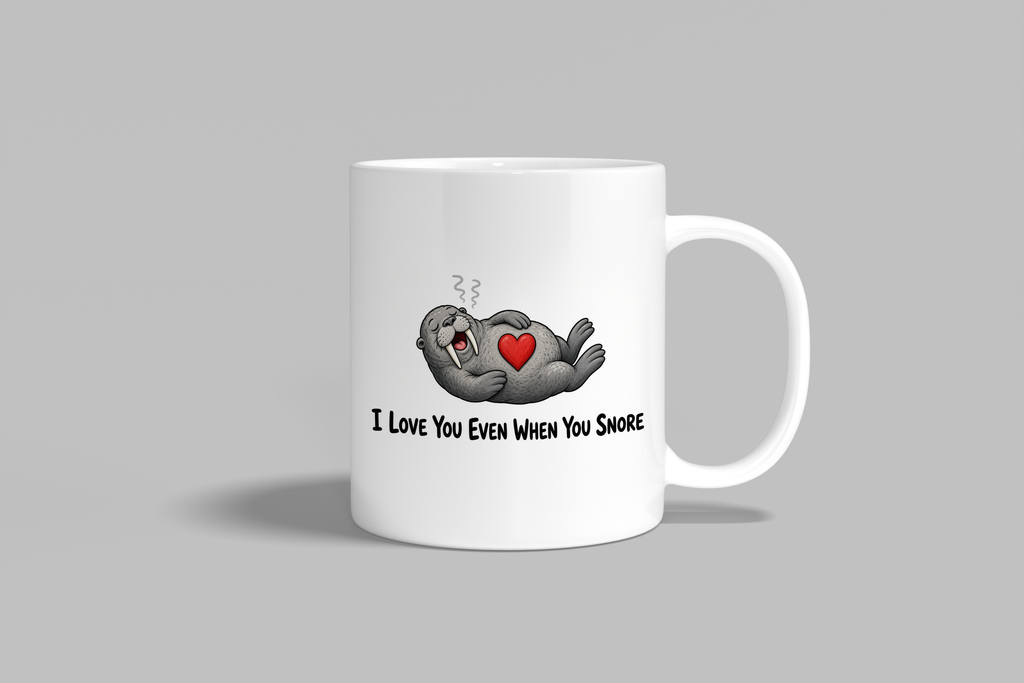 I Love You Even When You Snore funny mug, white 11oz ceramic novelty gift, front view