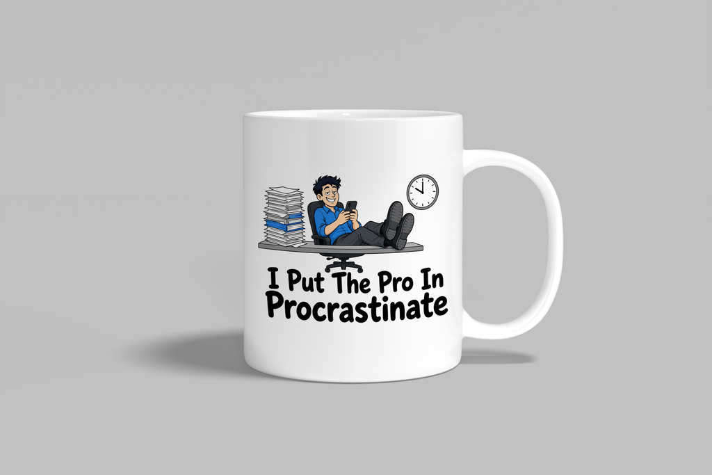I Put The Pro In Procrastinate funny mug, white 11oz ceramic novelty gift, front view