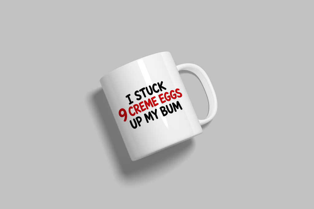 I Stuck 9 Creme Eggs Up My Bum funny mug, white 11oz ceramic novelty gift, angled side view