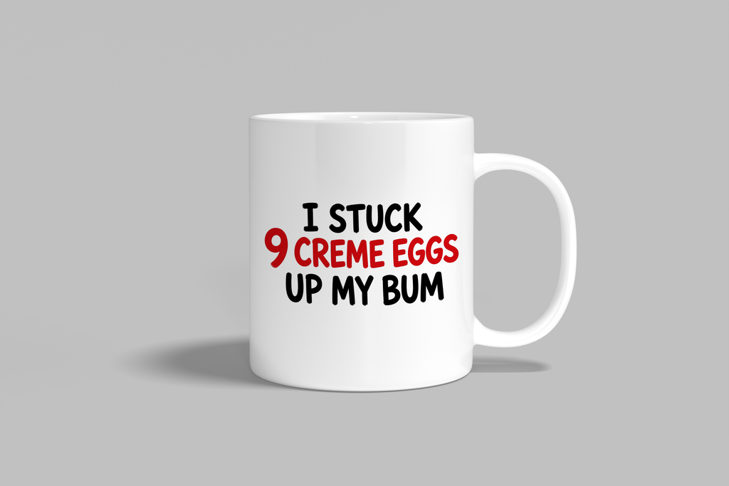 I Stuck 9 Creme Eggs Up My Bum funny mug, white 11oz ceramic novelty gift, front view