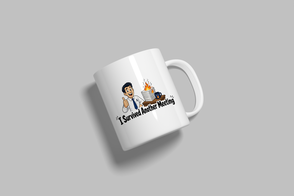 I Survived Another Meeting funny mug, white 11oz ceramic novelty gift, angled side view