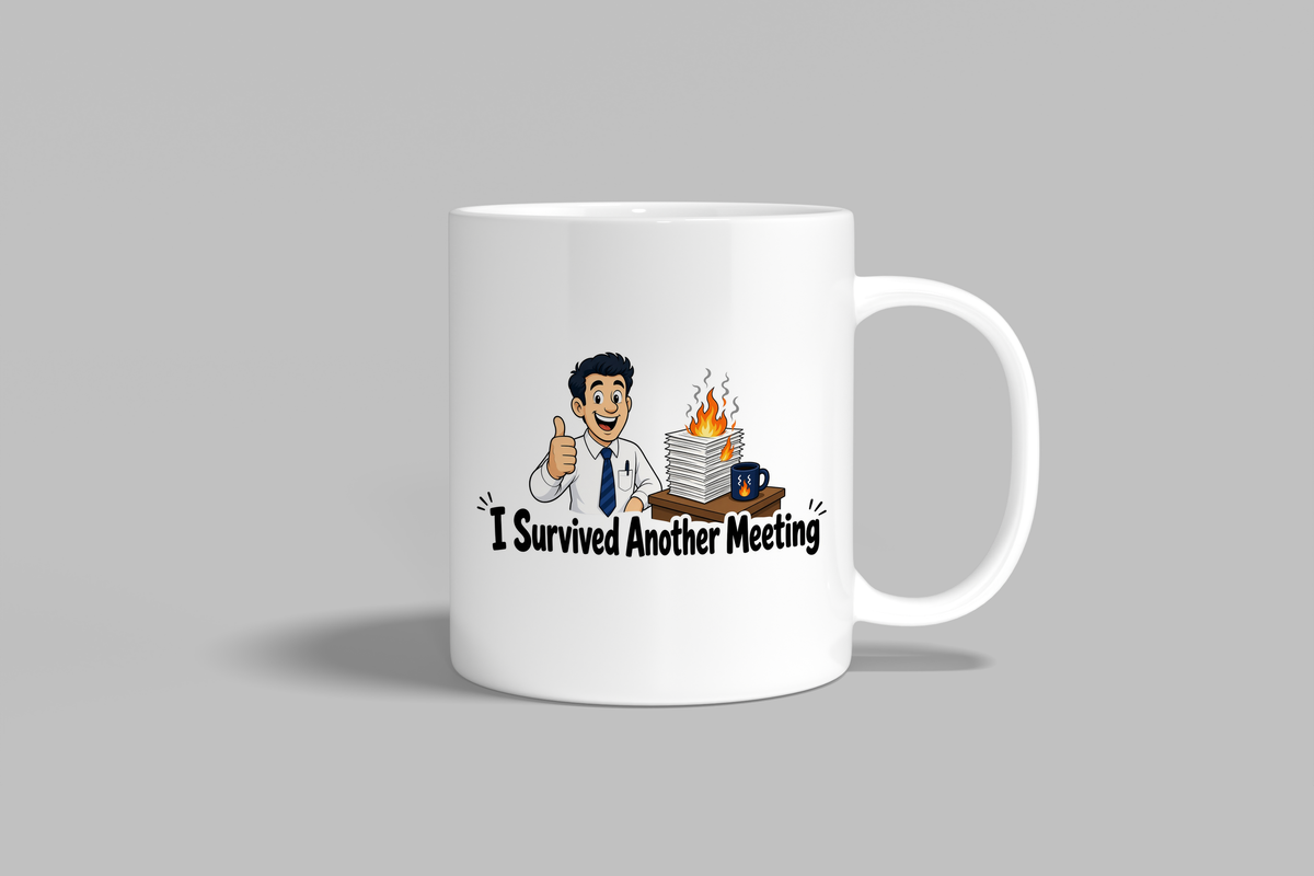 I Survived Another Meeting funny mug, white 11oz ceramic novelty gift, front view
