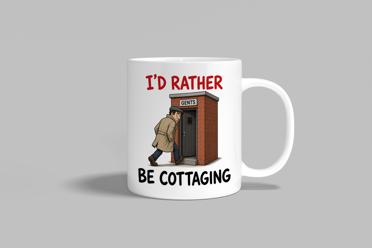 I'd Rather Be Cottaging funny mug, white 11oz ceramic novelty gift, front view