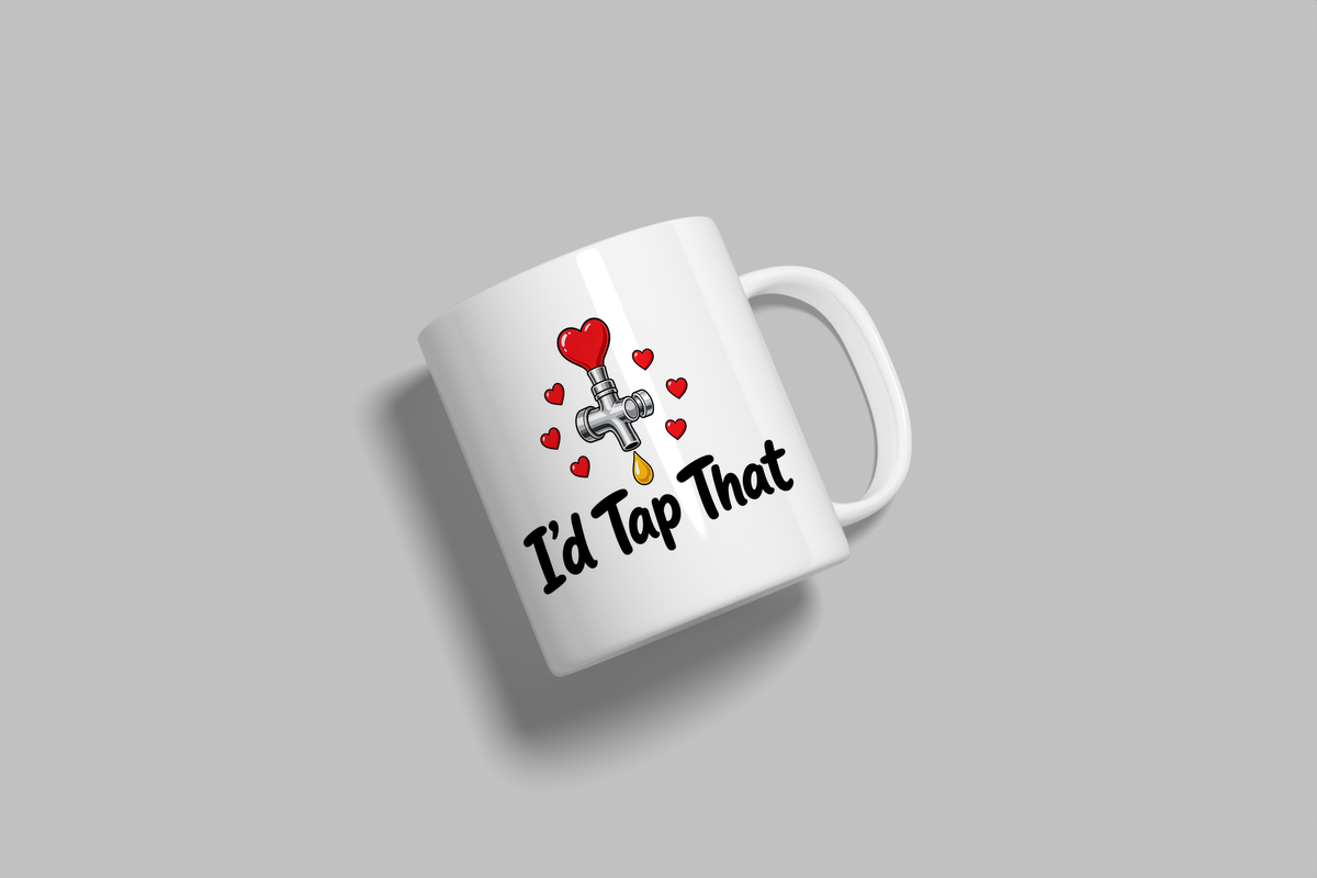 I'd Tap That funny mug, white 11oz ceramic novelty gift, angled side view