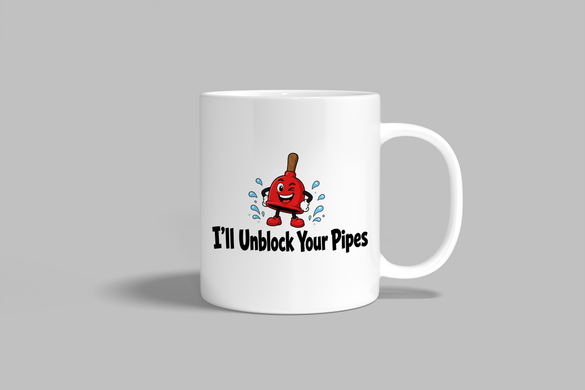 I'll Unblock Your Pipes funny mug, white 11oz ceramic novelty gift, front view