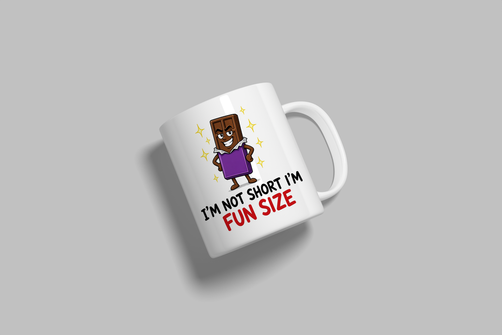 I'm Not Short, I'm Fun Size funny mug, white 11oz ceramic novelty gift, angled side view