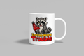In One Word, Trouble funny mug, white 11oz ceramic novelty gift, front view