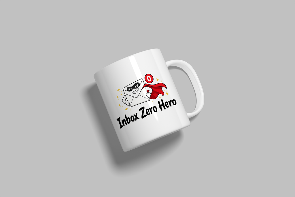 Inbox Zero Hero funny mug, white 11oz ceramic novelty gift, angled side view