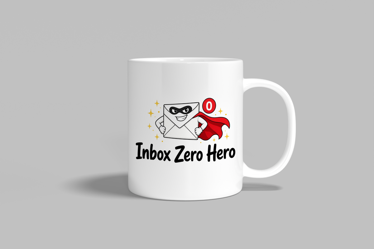 Inbox Zero Hero funny mug, white 11oz ceramic novelty gift, front view