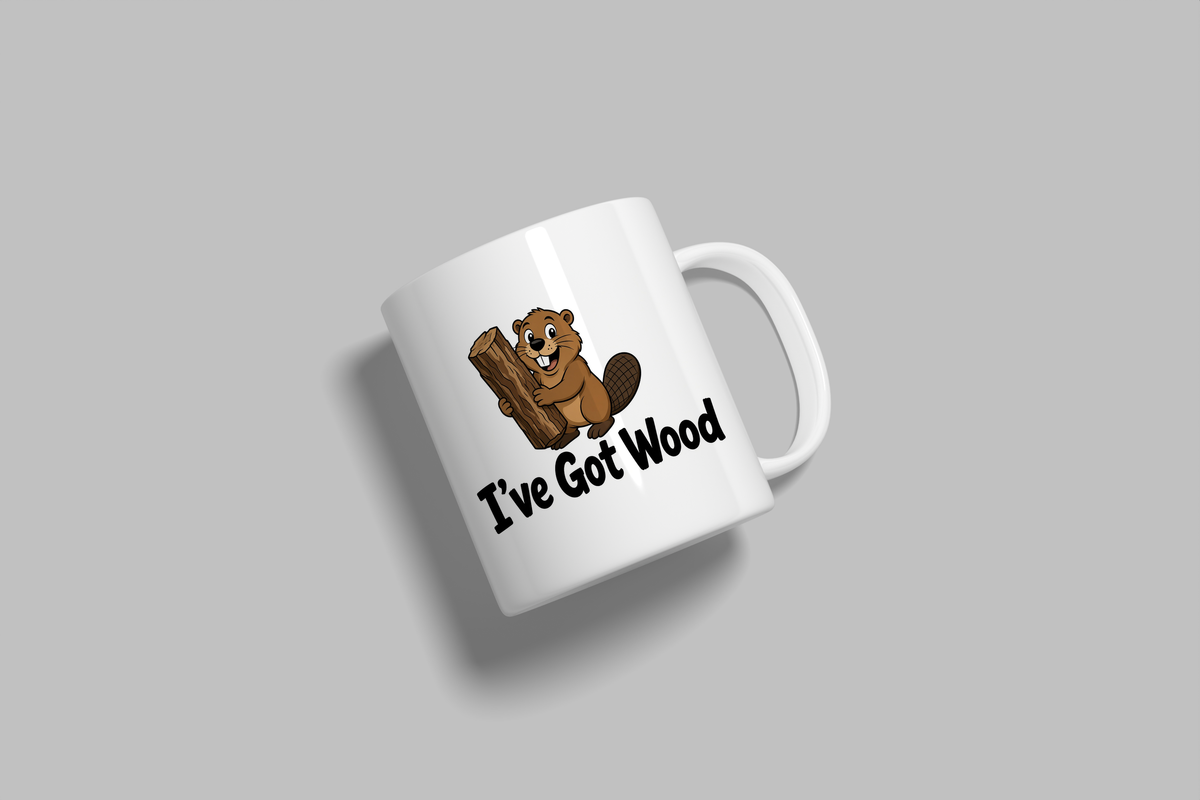 I've Got Wood funny mug, white 11oz ceramic novelty gift, angled side view