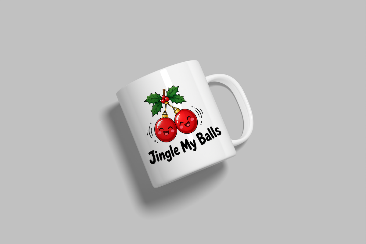 Jingle My Balls funny mug, white 11oz ceramic novelty gift, angled side view