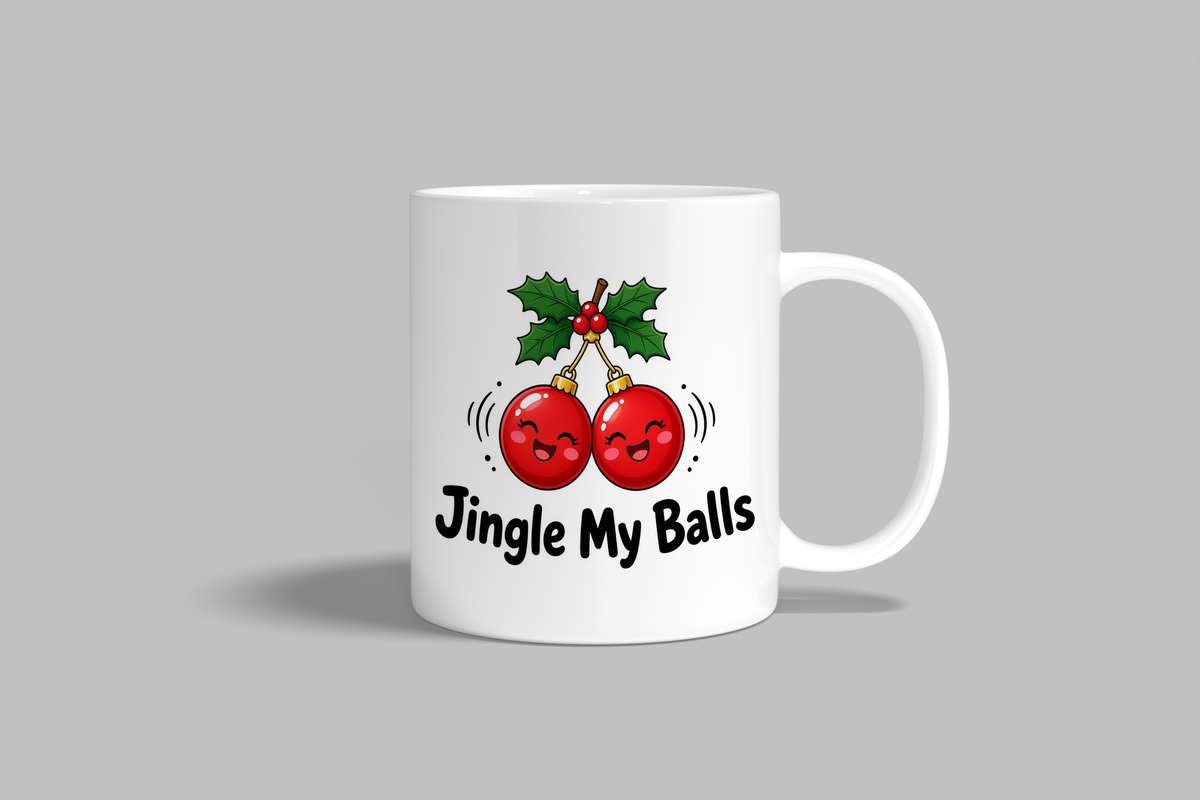 Jingle My Balls funny mug, white 11oz ceramic novelty gift, front view
