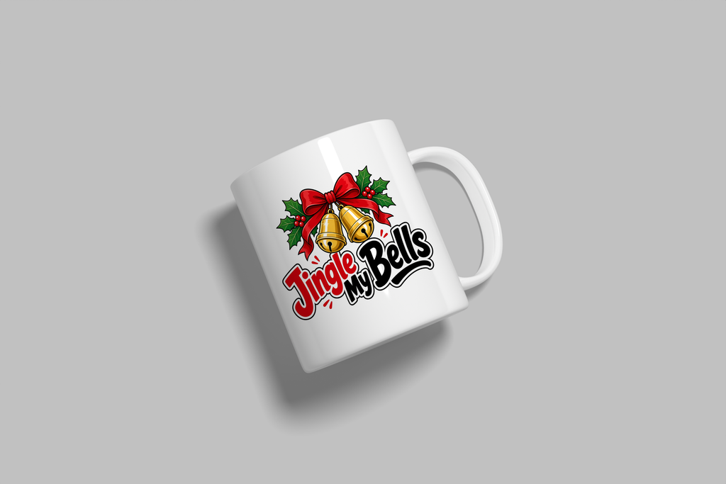 Jingle My Bells funny mug, white 11oz ceramic novelty gift, angled side view