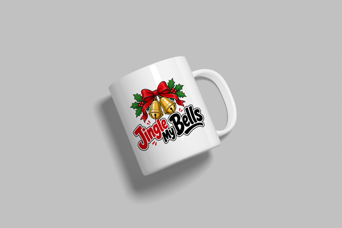 Jingle My Bells funny mug, white 11oz ceramic novelty gift, angled side view