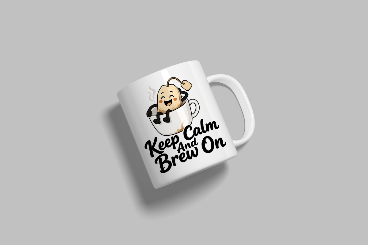 Keep Calm And Brew On funny mug, white 11oz ceramic novelty gift, angled side view