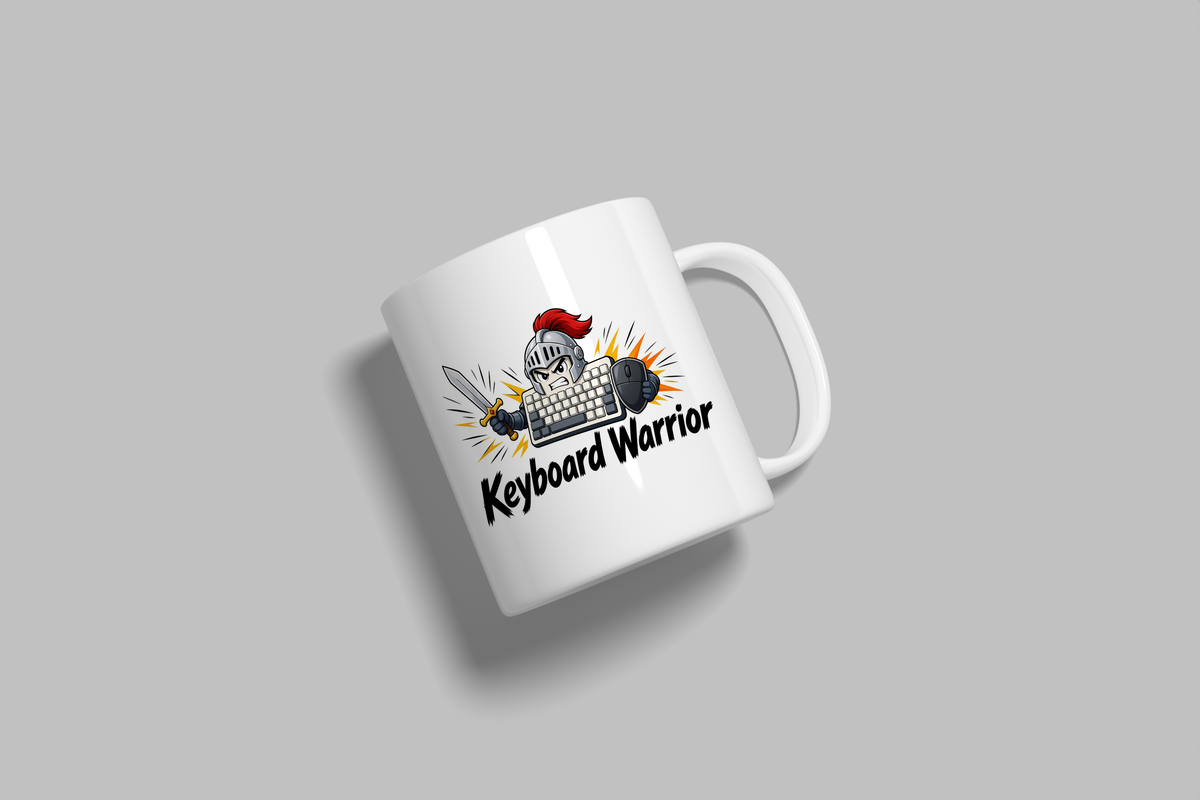 Keyboard Warrior funny mug, white 11oz ceramic novelty gift, angled side view