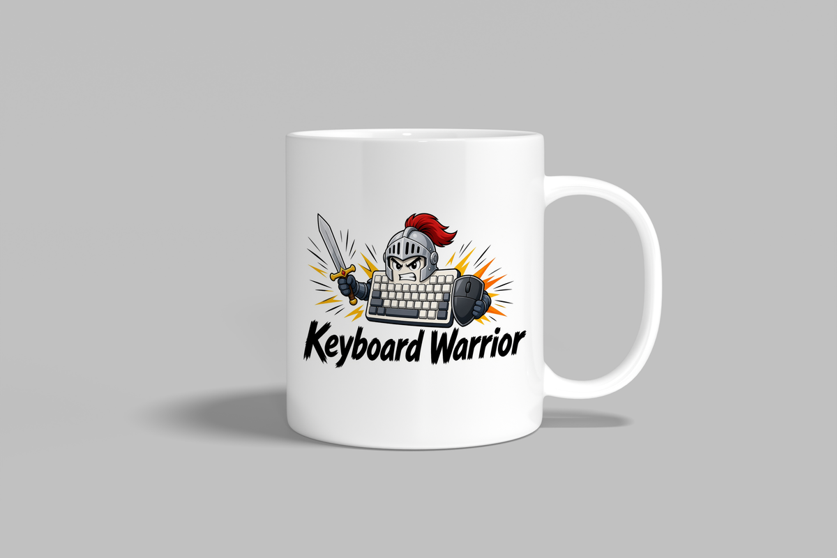Keyboard Warrior funny mug, white 11oz ceramic novelty gift, front view