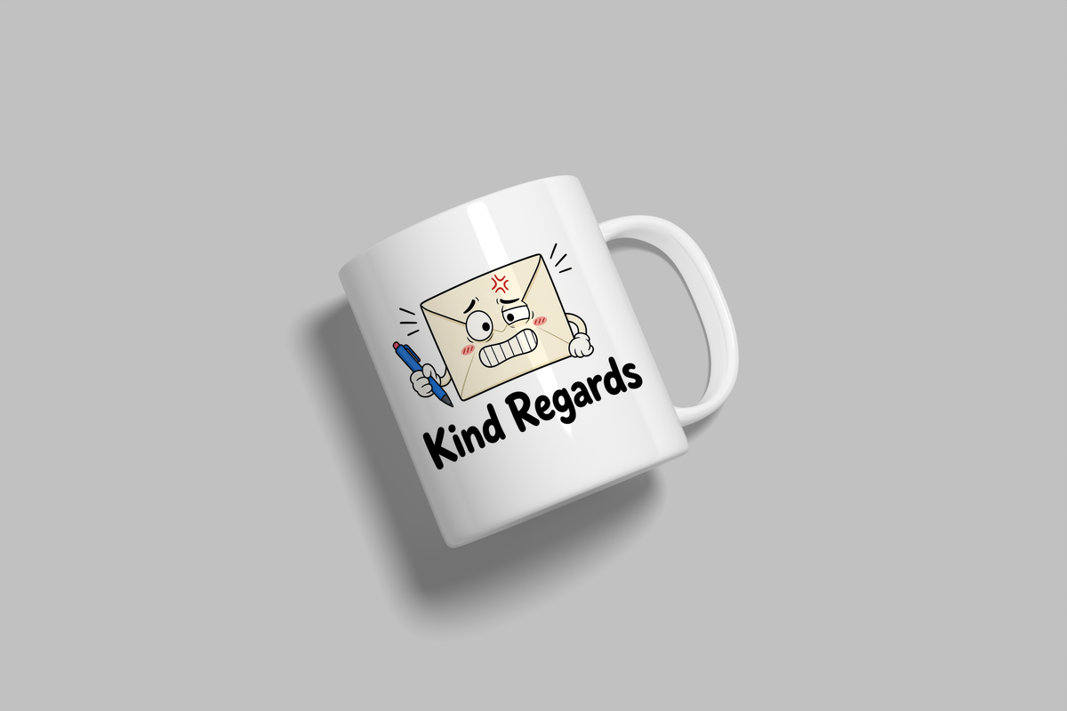 Kind Regards funny mug, white 11oz ceramic novelty gift, angled side view
