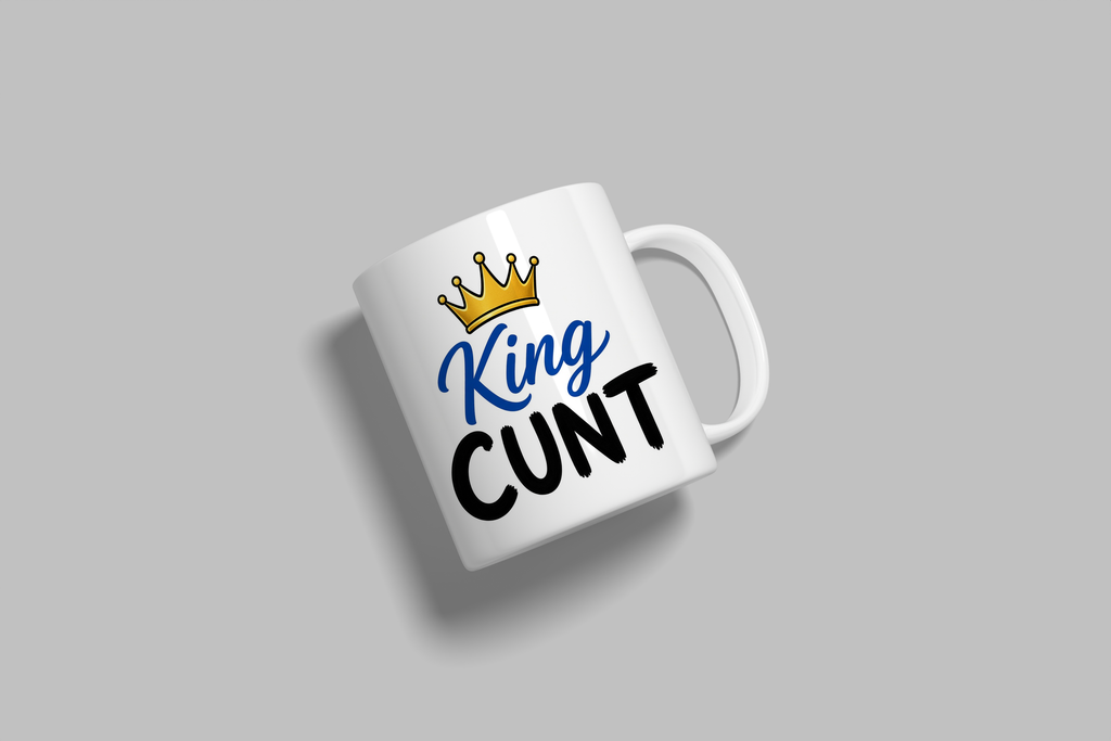 King Cunt funny mug, white 11oz ceramic novelty gift, angled side view