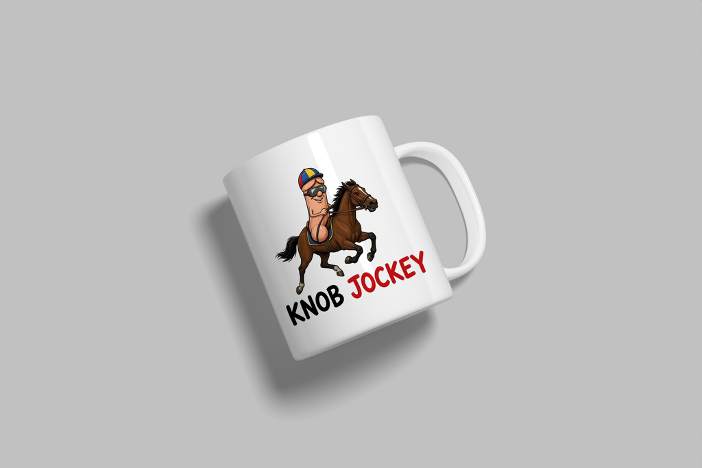 Knob Jockey funny mug, white 11oz ceramic novelty gift, angled side view