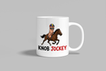 Knob Jockey funny mug, white 11oz ceramic novelty gift, front view